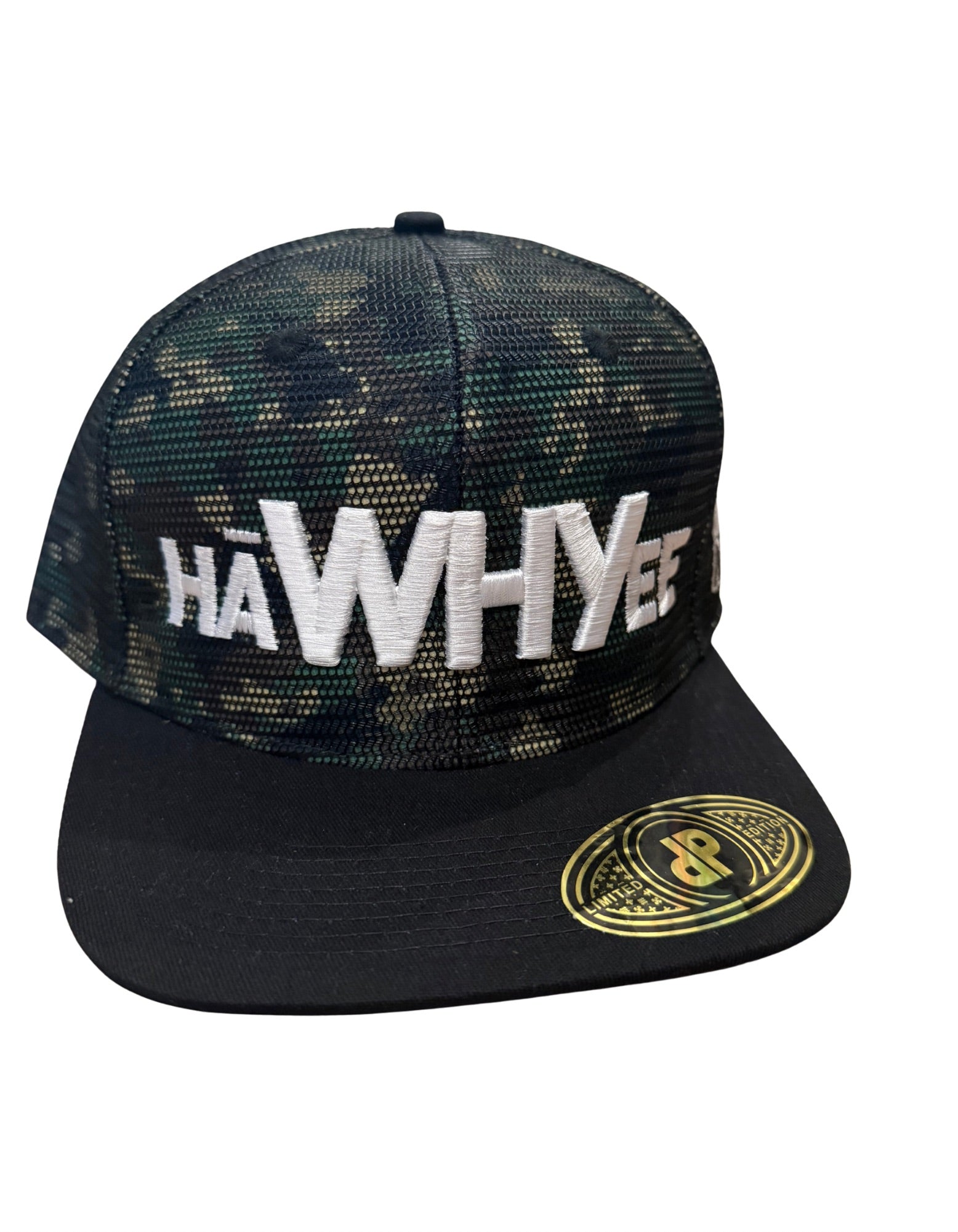 Camo (White stitch) Ha-WHY-ee Hat.